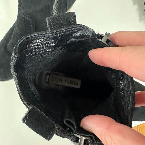 Steve Madden Windey Sexy Black Suede Leather Side Zip Wood Block Heel Boots 6.5 - Picture 9 of 12